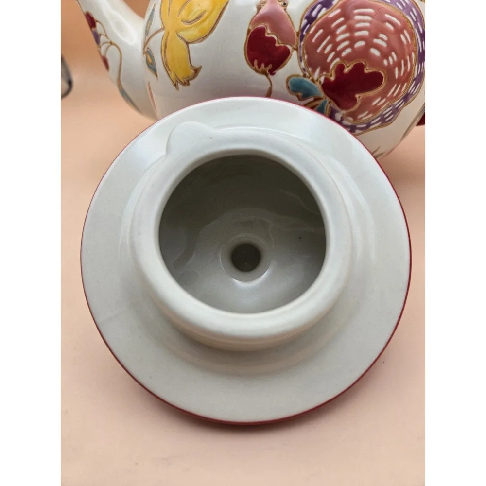 Floral Red TeaPot. Dutch Wax Ceramic with lid. Bright. Colors 7.25